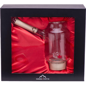 Handblown glass bubbler water pipe packaged in a satin lined gift box