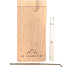 Load image into Gallery viewer, Canada Puffin Maple wood dugout stash box with handblown glass pipe 