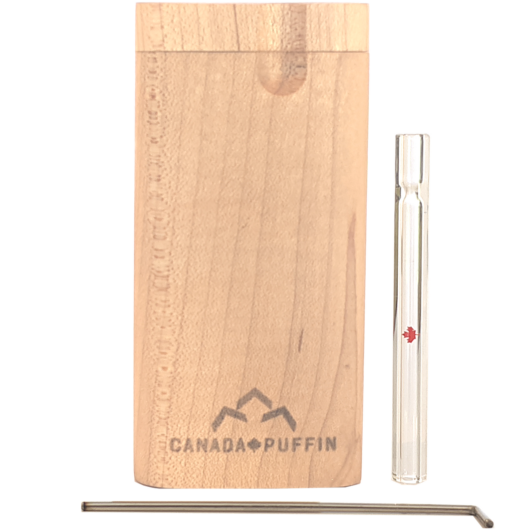 Canada Puffin Maple wood dugout stash box with handblown glass pipe 